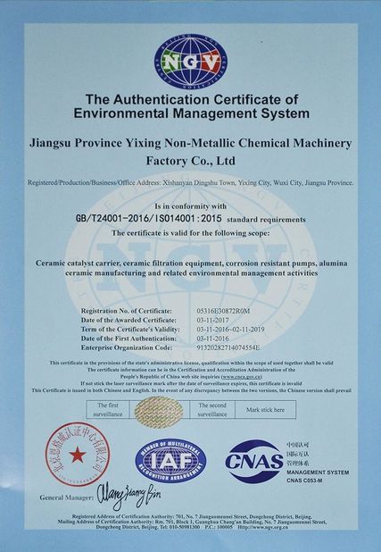 Κίνα Jiangsu Province Yixing Nonmetallic Chemical Machinery Factory Co., Ltd Πιστοποιήσεις